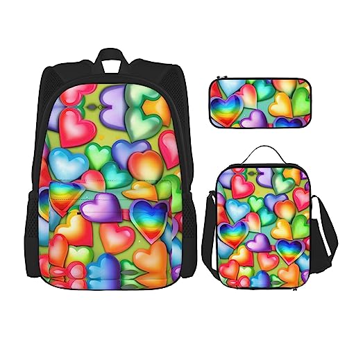 WURTON Reise-Lunchbox mit Regenbogen-Herzen, Federmäppchen, Rucksack-Set, 3-teilig, verstellbare Riemen, leicht, Schwarz, Einheitsgröße