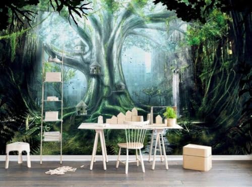 Uralte Wälder Häuser Wasserfälle 3D Tapete Poster Restaurant Schlafzimmer Wohnzimmer Sofa TV Dekorative Wand-300cm×210cm