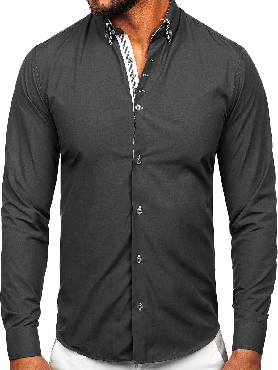 BOLF Herren Hemd Langarm Freizeithemd Langarmhemd Elegant Business Party Bügelleicht Farbwahl Classic Basic Slim Fit Casual Style 3762 Dunkelgrau L [2B2]