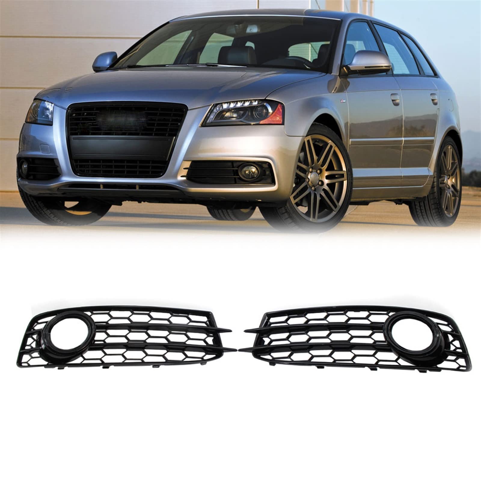 Wabenstil Auto Nebelscheinwerfer Grillabdeckung Wabennebelscheinwerfer Kühlergrill Grill Schwarz Glänzend Für Audi A3 8P S-Line 2009–2012 (Color : Glossy Black)