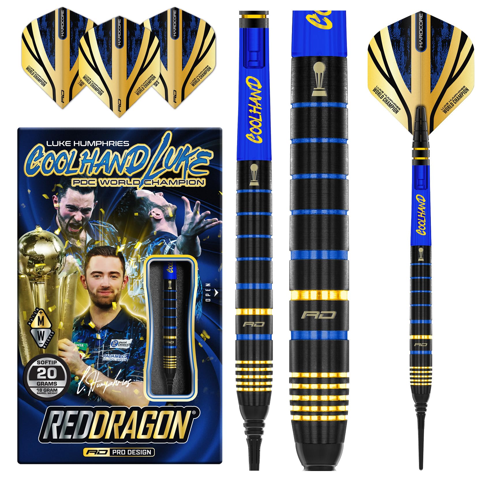 RED DRAGON Luke Humphries TX4 Avenger World Champion Edition Premium Tungsten 20G Softdart-Set mit Flights und Schäften (Stems)