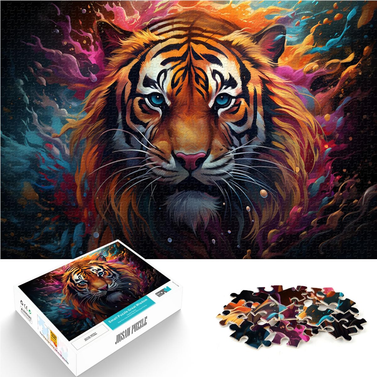 Puzzle zum Verschenken, Bunter, wütender Tiger, 1000-teiliges Puzzle für Erwachsene, Holzpuzzle als Geschenk für die ganze Familie, 1000 Teile (50 x 75 cm)