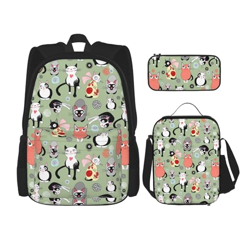 WURTON 3-in-1 Büchertaschen-Set mit niedlichem Cartoon-Katzen-Druck, verstellbarer Schulter-Rucksack, Lunch-Tasche, Federmäppchen, Beutel, Schwarz, Einheitsgröße