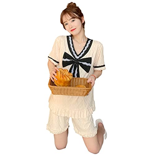 BANLUX Schlafanzüge Für Damen - Süßer Koreanischer Studenten-Pyjama-Set Aus Seide, Sommer-Pyjamas, Damen, Große Schleife, Kurzarm, Nachtwäsche, Pyjamas, Femme, M-5Xl, Stil A, L