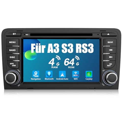 AWESAFE Autoradio für Audi A3 8P S3 RS3,[4GB+64GB] Android 13 Radio 2Din mit CD-Laufwerk CarPlay Android Auto WLAN Bluetooth