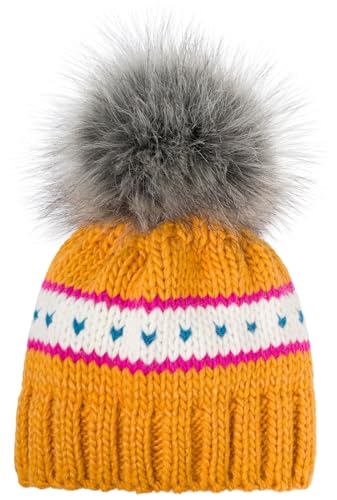 styleBREAKER Kinder Strick Bommelmütze mit Herzmuster und Thermo Fleece Futter, Winter Fellbommel Mütze, 3-5 Jahre 04024209, Farbe:Curry