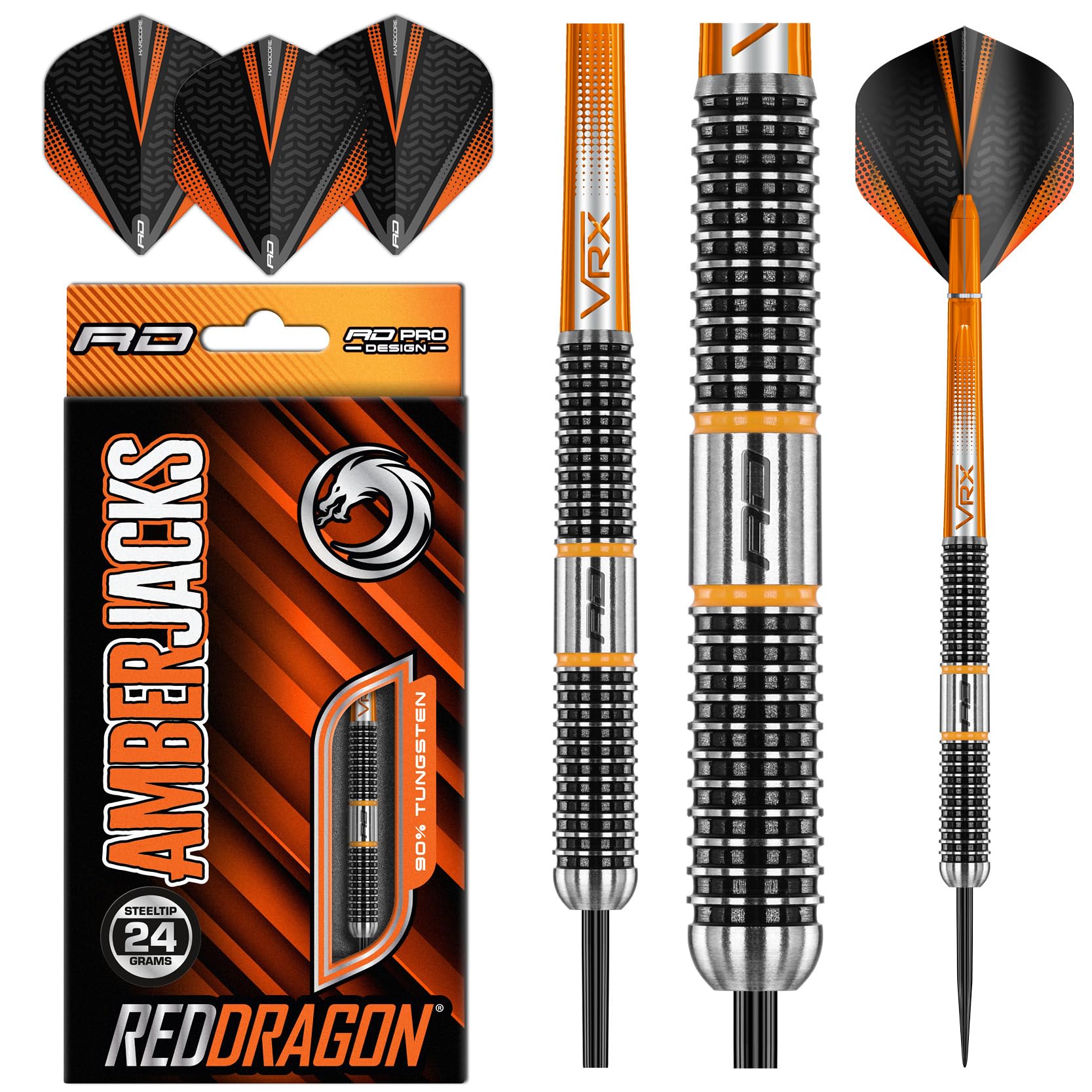 RED DRAGON Amberjack Series Steel Profi Dartpfeile Steeldarts Set mit Flights und Schäfte