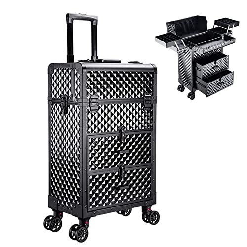 Reise-Make-up-Zugkoffer, Make-up-Kosmetikkoffer, Organizer, tragbare Künstler-Aufbewahrungstasche, rollender Kosmetik-Organizer mit 4 Rollen, für Nagelzubehör (Black)