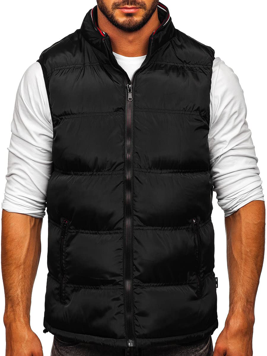 BOLF Herren Weste mit Stehkragen Steppweste Bodywarmer Daunenweste Reißverschluss Ärmellose Sportweste Zip Wärme Freizeit Outdoor Style 7131 Schwarz L [1U1]