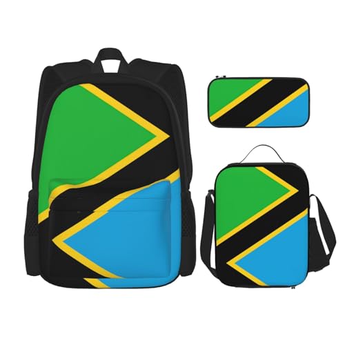 WURTON Rucksack-Set mit Tansania-Flagge, Schultasche mit Lunchtasche, Federmäppchen, Kombination, Schultaschen-Set, Schwarz , Einheitsgröße