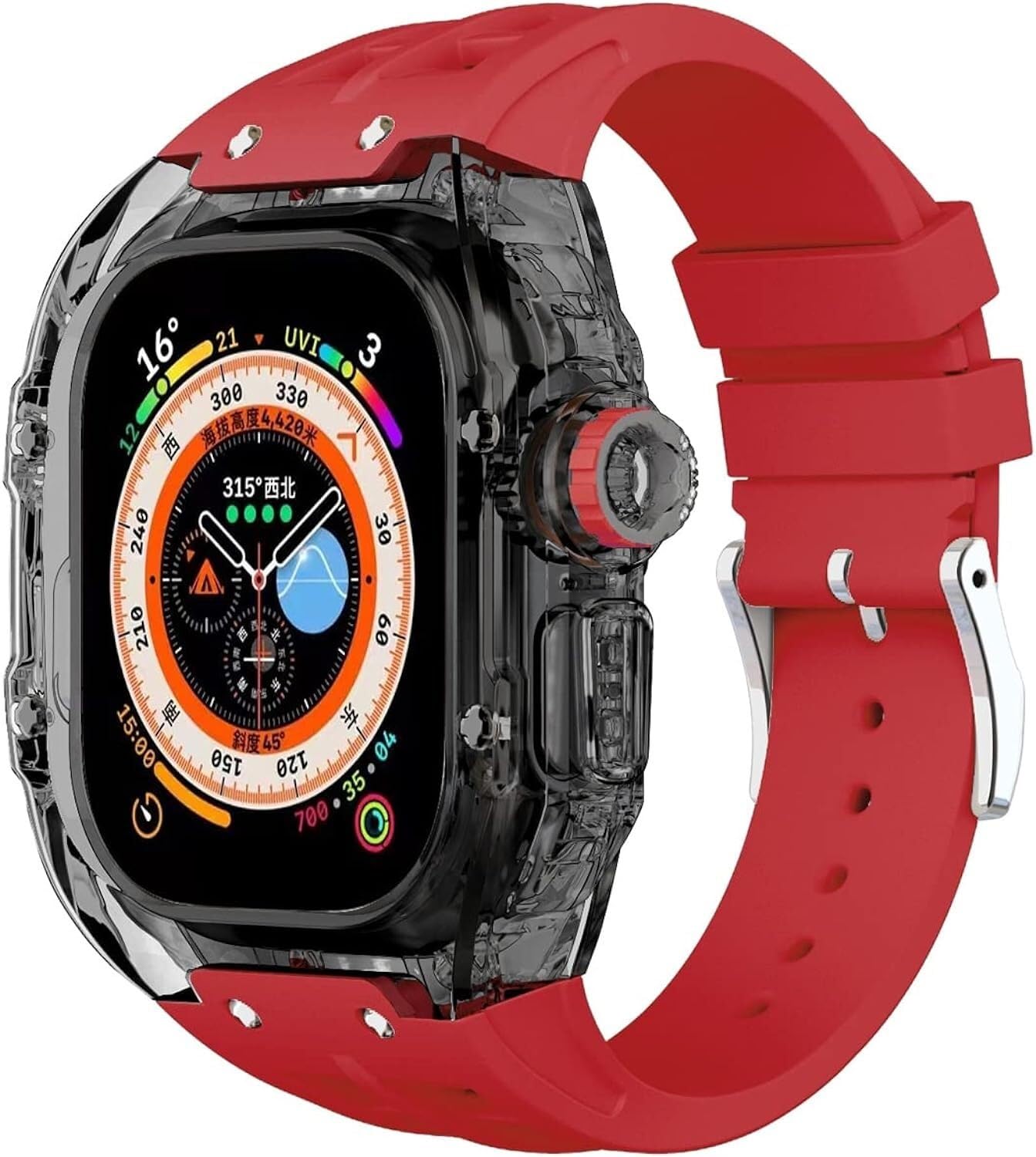 NEYENS 49 mm Fluorkautschuk-Uhrenarmband + transparentes Gehäuse-Modifikationsset, für Apple Watch Ultra 49 mm, luxuriöses Silikon-Gummiband, für Ultra 8, 49 mm Serien-Ersatz, 49 mm, Achat