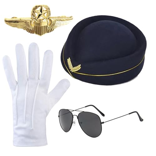 Mehrfarbige Stewardess-Hut + Sonnenbrille + Taschentücher/Handschuhe/Brosche für Erwachsene, Damen, Halloween, Karneval, Rollenspiel, Kostüm, Flugbegleiter, Hut und Schal, Flugbegleiter-Outfit,