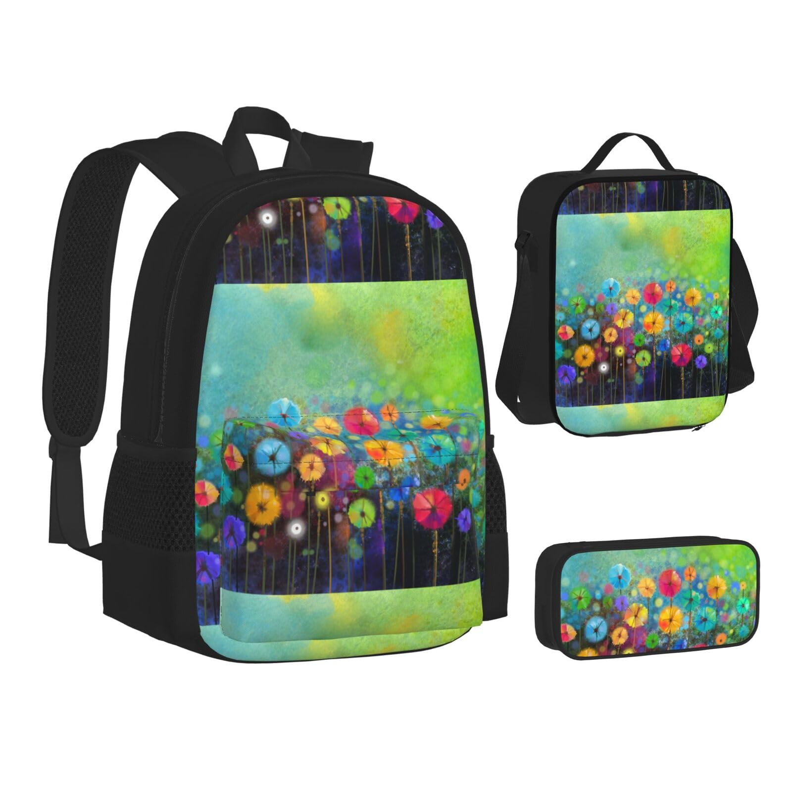 WURTON Rucksack, Lunchbox-Set, abstrakter Stil, buntes Blumenmuster, 3-in-1-Rucksack und Federmäppchen, passende Kombination, Schwarz, Einheitsgröße