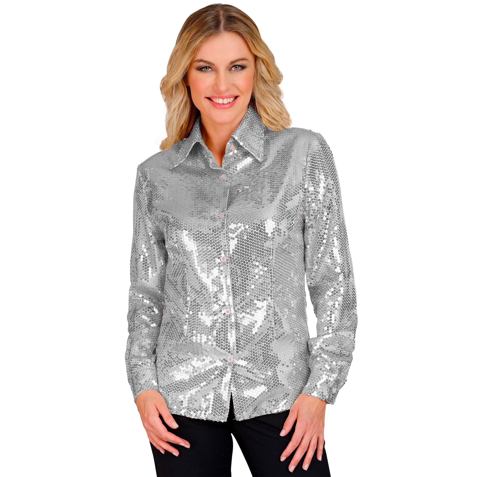 W WIDMANN MILANO Party Fashion - Party Fashion Pailletten Bluse für Damen, Disco Fever, Schlagermove, Damenhemd, Festival, Faschingskostüme