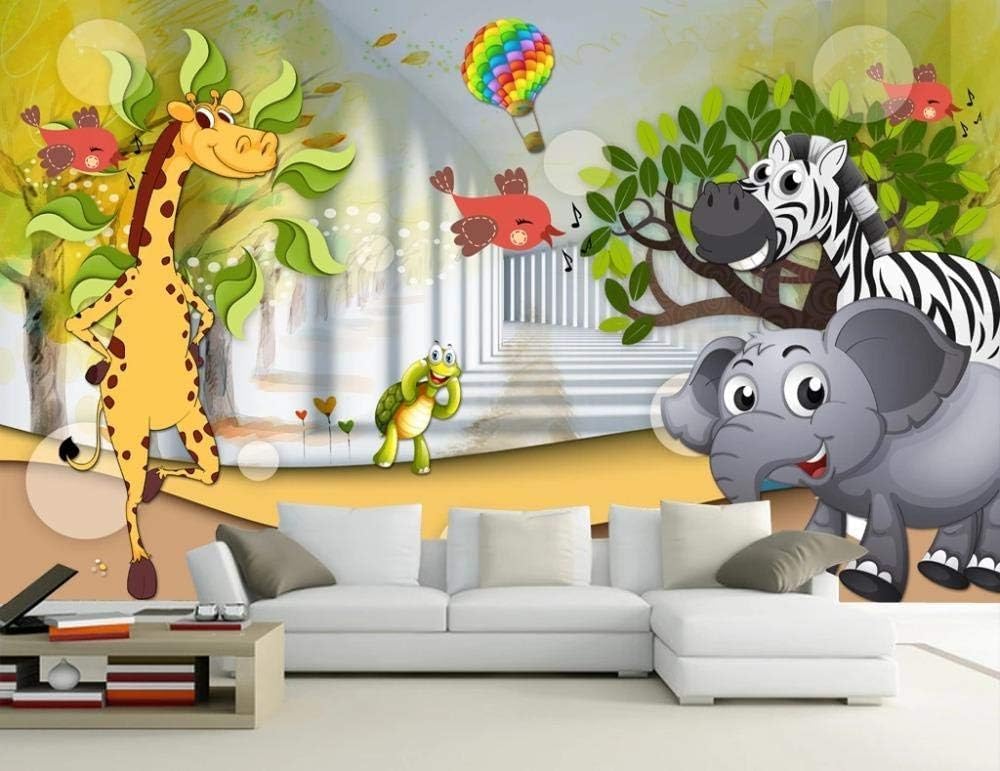 Niedliche Cartoon-Tiere Giraffe Zebra Elefant 3D Tapete Poster Restaurant Schlafzimmer Wohnzimmer Sofa TV Dekorative Wand-250cm×170cm