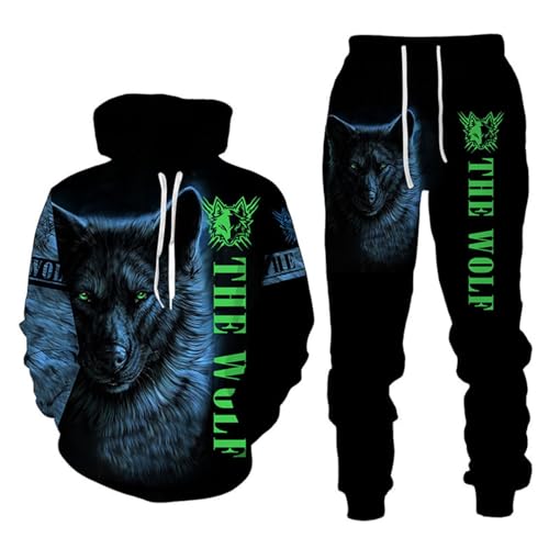 RIAAJ 3D Wolf Jogginganzug Herren Jogging Sportanzug Fitness Sporthose Hose Hoodie Herren Trainingsanzug Zweiteiliges Set Freizeitanzug mit Löwen Tigermuster Sportsw (A4,XL)