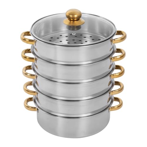 26/28/30cm 5 Etagen Dampfkochtopf Edelstahl Dampfgarer Topf Mit Glasabdeckung Gold Silber Dampfkocher Geeignet für Gaskochfelder Induktionskochfelder und Elektrische Tontöpfe usw (Gold Silber, 30 cm)