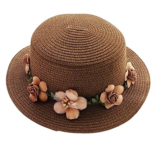 YIHANSS Sonnenhut Strandhut Sommer Weiblicher Sonnenhut Fischerhut Beige Blume Flacher Strohhut Strandhut Strohhut Hüte