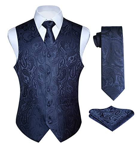 Enlision Anzugweste Navy blau Herren Hochzeit Paisley Westen & Krawatte Einstecktuch Party Floral Jacquard Anzug Weste Set XXL