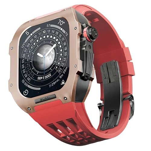 KANUZ Gummiarmband, Lünette, Titanlegierung, für iWatch Watch 7/8, Apple Mod Watch, Zubehör, Ersatz-Edelstahlgehäuse für Apple Serie 45 mm (Farbe: Rot 2, Größe: 45 mm)