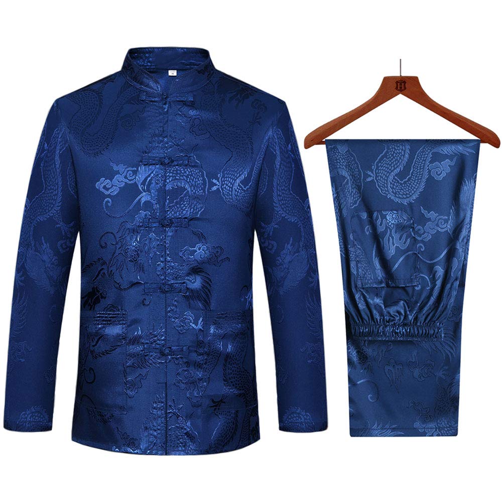 Tang Suit Herren Hanfu Traditionelle Chinesische Kleidung Kung Fu Shirt Uniform Langarm Mantel Tops und Hosen - Blau - M