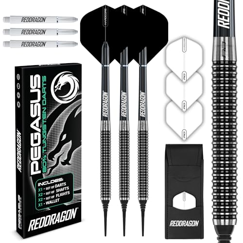 RED DRAGON Pegasus Tungsten Soft Dartpfeile - 20 Gramm: Weiße Schäfte, Weiße Flüge und Darttasche