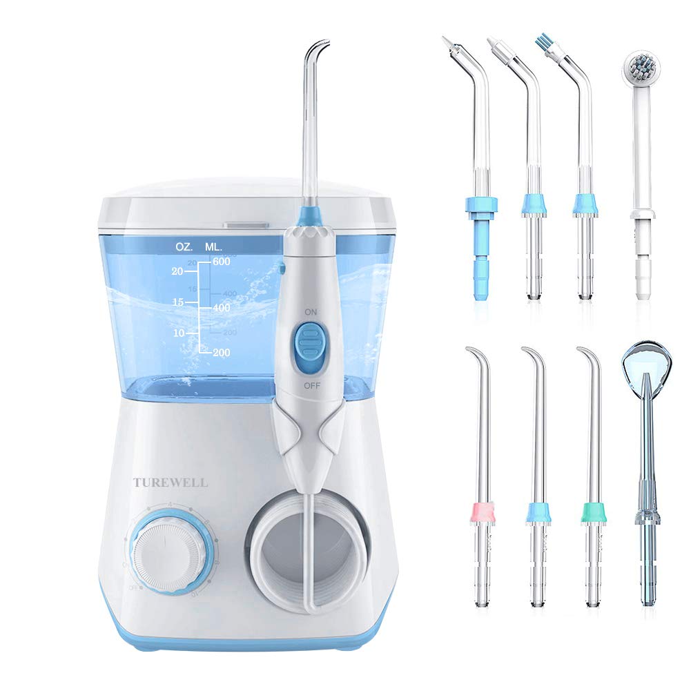 TUREWELL Munddusche,Elektrische Zahnzwischenraumreiniger mit 10 Druckstufen und 8 Düsen ,IPX7 Wasserdicht Oral Irrigator, 600ML Wasser Flosser für Zuhause(Weiß)