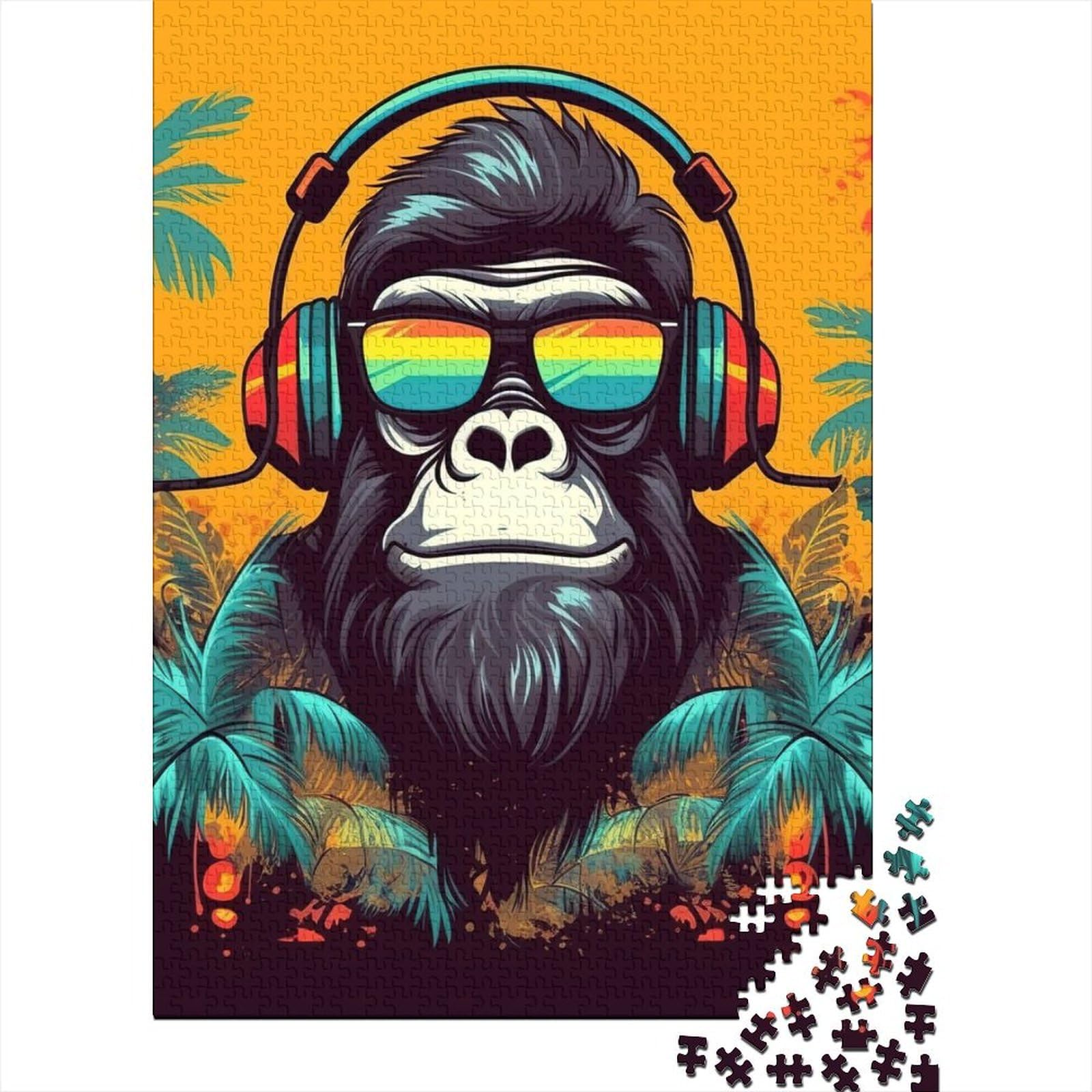 Monkey Dj Music Holzpuzzle Puzzles für Erwachsene und Teenager, 1000 Puzzleteile für Erwachsene mit passendem Poster und Wissensblatt, 75 x 50 cm