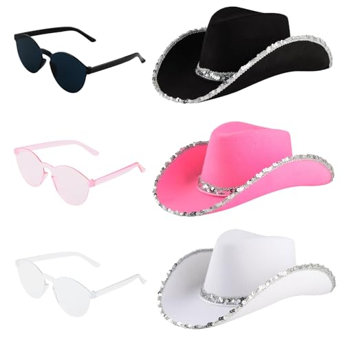 DASHUAIGE Cowgirl-Hüte, 2 Paar Brillen, Western-Thema, Junggesellinnenabschied, Kostüm, Zubehör für Damen, Festival, Cowboy-Kostüm, Zubehör (3, Schwarz/Rosa/Weiß, 38 x 30 x 13 cm)