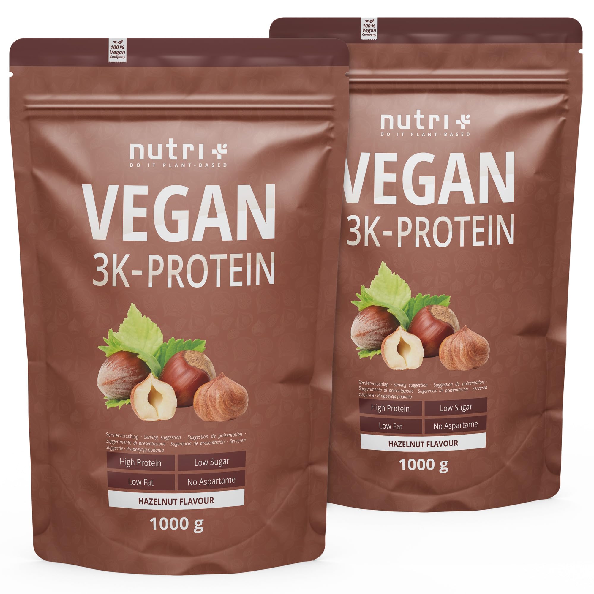 Nutri + Proteinpulver Vegan Haselnuss 2 kg - 83% Eiweiß - 3k Protein Powder Hazelnut Flavor - veganes Eiweißpulver ohne Milch & Whey - Nuss Geschmack