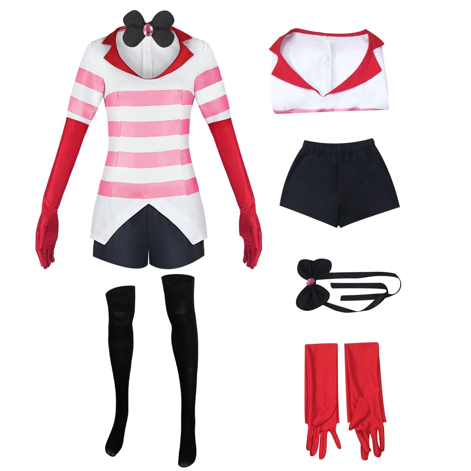 AYYOHON Angel Dust Cosplay-Kostüm, Winkel, staubrosa, gestreift, Hemd, Kleid, Strumpf, Handschuhe, Outfits für Damen, Halloweenanzug, Größe XS