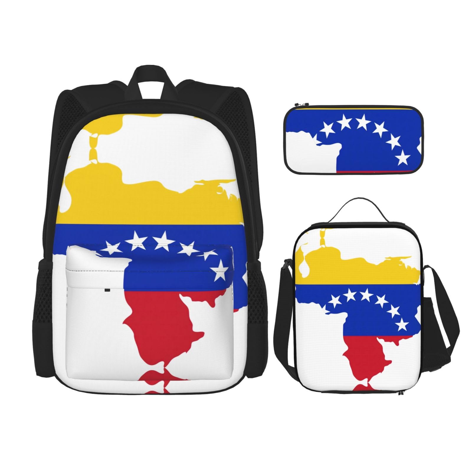 WURTON Venezuela-Flaggen-Druck, Lunchbox, Federmäppchen, Rucksack-Set, 3-teilig, verstellbare Riemen, langlebig, leicht, schwarz, Einheitsgröße, Schwarz , Einheitsgröße