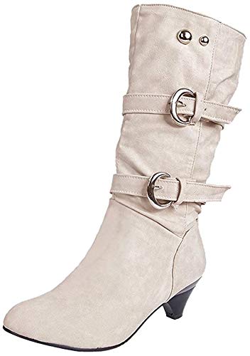 ShallGood Damen Elegant Stiefel Winterstiefel Mittlerer Absatz mit Schnalle Blockabsatz Schuhe Schenkelhoch Outdoor Stiefel Weiß EU 39