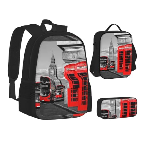 WURTON England, Großbritannien, London, Rucksack, Lunchbox-Set, 3-in-1, Schul-Büchertasche und Federmäppchen, passende Kombination