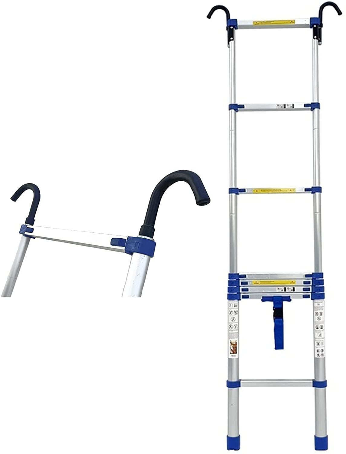 Blaue Hochleistungs-Teleskopleiter mit Haken, 2 m/2,3 m/2,7 m/3,1 m/3,5 m/3,9 m/4,3 m/4,6 m/5 m hoch, zusammenklappbare Teleskopleitern für Zuhause/draußen (Größe: 5 m/16,4 Fuß) (Blau 2,3 ​​m/7,5