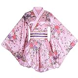 Damen Kimono Kostüm Erwachsene Japanische Geisha Yukata Sweet Floral Patten Gown Blossom Satin Bademantel Nachtwäsche mit OBI Gürtel, 32-pink, Large