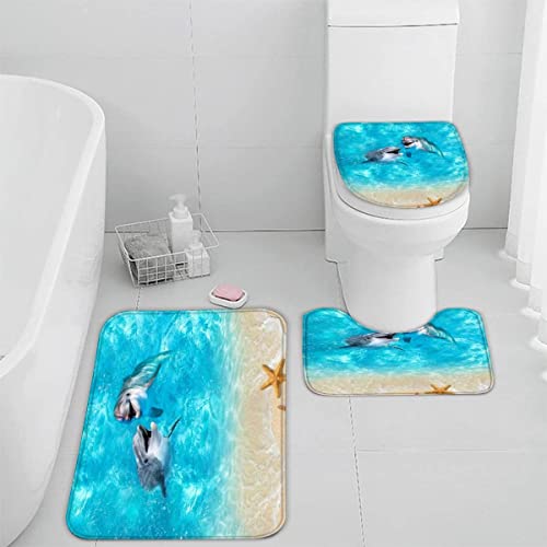 RLYXGS Delfin Badematten Set 3D Wasserlebewesen rutschfest Absorbierend Flanell Badezimmerteppich 3-teiliges 50x80cm Waschbar Badteppich Weich Saugfähige Badvorleger mit WC Deckelbezug