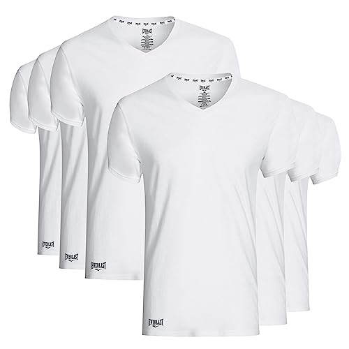 Everlast 6-Pack Men's Essential V-Neck Undershirts Breathable, Tagless, Mens T Shirt 60% Cotton / 40% Polyester (M, White)