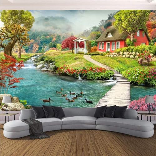 Haus Flusspromenade Rustikale Aussicht 3D Tapete Poster Restaurant Schlafzimmer Wohnzimmer Sofa TV Dekorative Wand-350cm×256cm