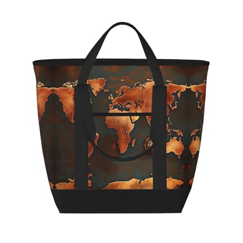 YQxwJL Rust-Weltkarten-Druck, große Kapazität, isolierte Kühltasche, Einkaufstasche, Reisetasche, Strand, wiederverwendbare Einkaufstasche für Erwachsene, Schwarz, Einheitsgröße