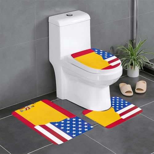 Wurton Badteppich-Set mit amerikanischer Spanien-Flagge, Polyester, stilvoll, funktional, Badezimmerteppich, Zubehör, 3 Stück