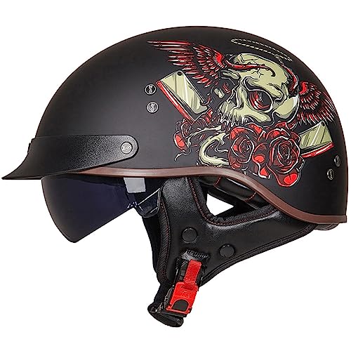 Motorradhelm Halbhelme Brain-Cap - Halbschale Jet-Helm Motorrad-Helm Roller-Helm Harley-Helm Scooter-Helm Retro Motorrad Half Helm mit Faltbar Visier für Herren Damen, ECE-Zulassung,K-XL(59~60cm)