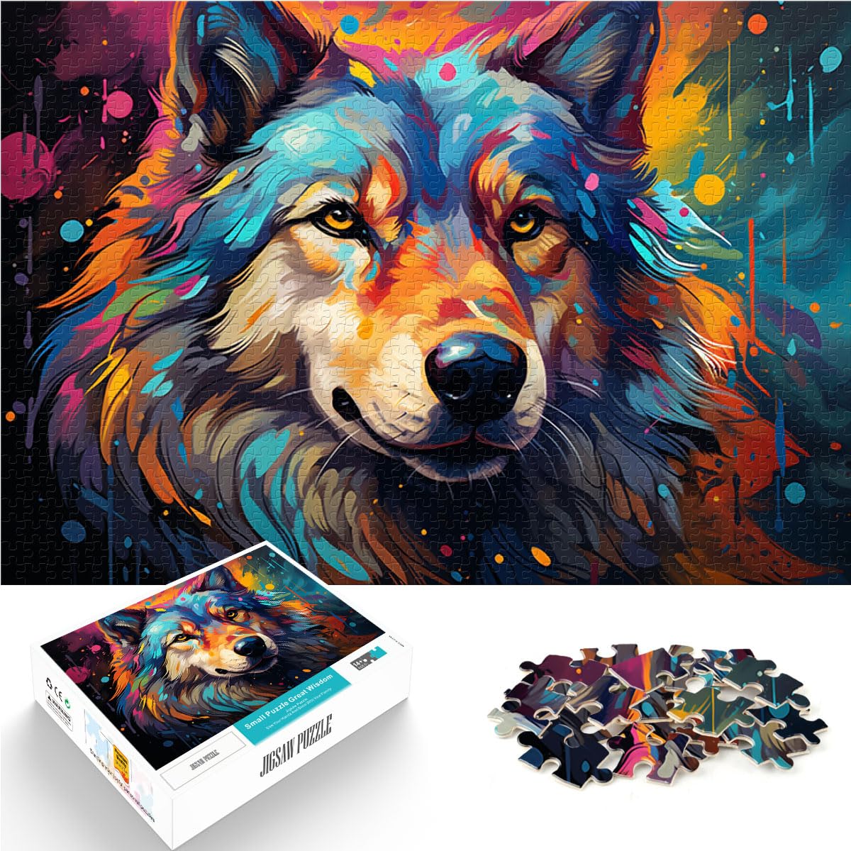 Puzzle-Geschenk, farbenfrohes psychedelisches Husky-Gemälde, 1000-teiliges Holzpuzzle zum Stressabbau, schwierige Herausforderung, 1000 Teile (50 x 75 cm)