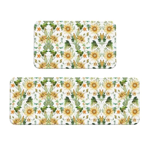 YQxwJL Küchenmatte mit Sonnenblumen- und Mais-Druck, 2-teilig, Küchenteppich-Set, rutschfest, wasserdicht, für Küche, Flur, Büro