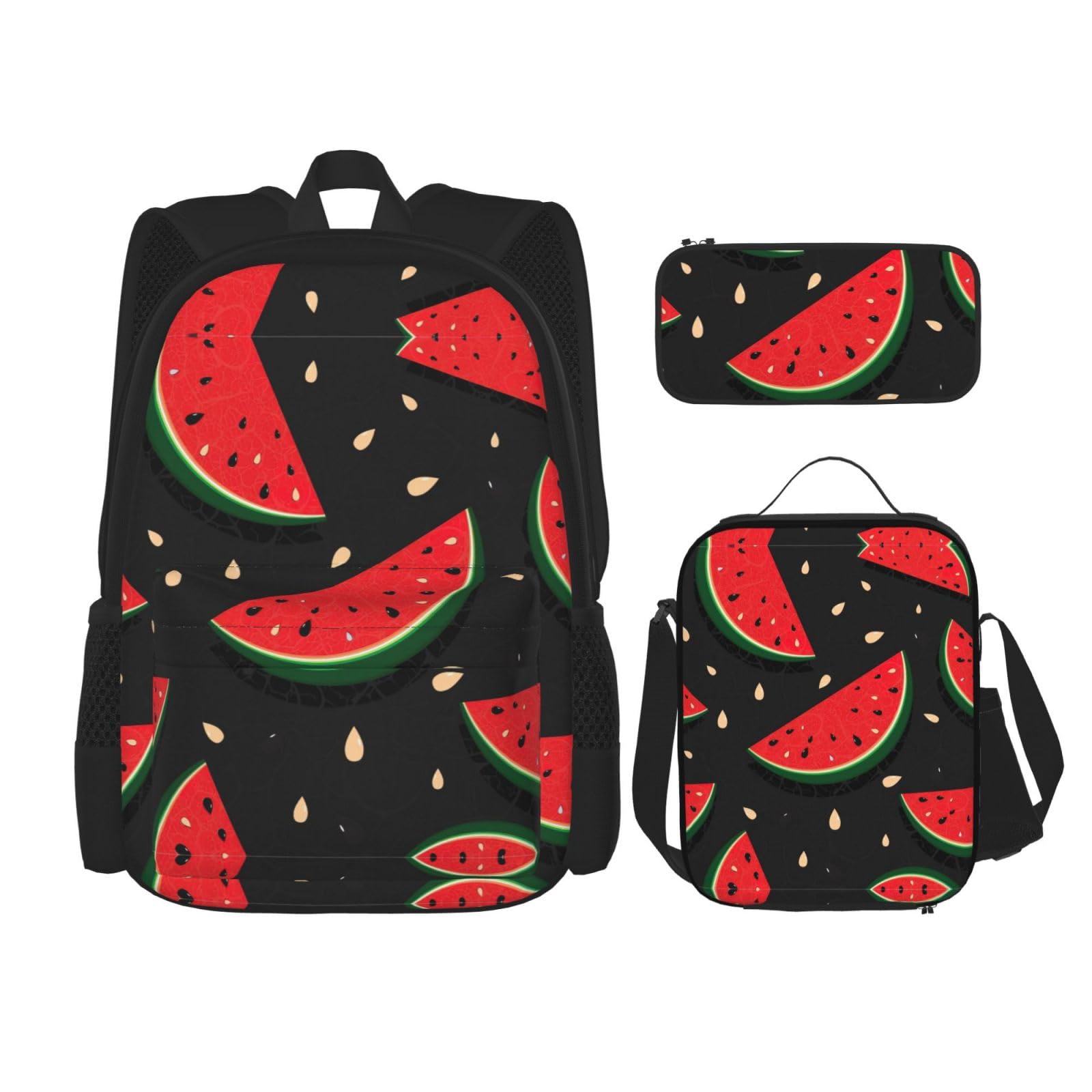 WURTON Lunchbox, Federmäppchen, Rucksack-Set, 3-teilig, verstellbare Riemen, langlebig, leicht, mit Wassermelonen-Druck, Rot, Schwarz, One Size