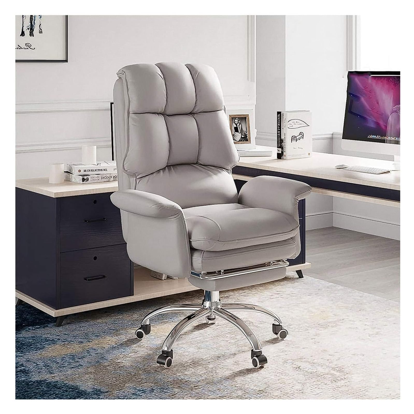 BFVAKBKYT Home Office Ergonomischer Schreibtischstuhl, Executive Commercial Drehstuhl, Verstellbarer Bürostuhl mit hoher Rückenlehne, moderner Drehstuhl aus Pu-Leder mit Fußstütze(Grey)