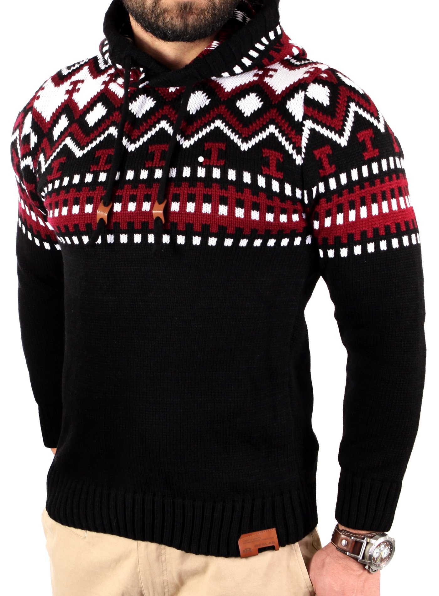 Reslad Herren Grobstrick Pullover Norweger Winter Kapuzenpullover RS-3013 (M, Schwarz-Rot)