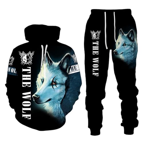 RIAAJ 3D wolf Jogginganzug Herren Jogging Sportanzug Fitness Sporthose Hose Hoodie Herren Trainingsanzug Zweiteiliges Set Freizeitanzug mit Löwen Tigermuster Sportsw (A7,L)