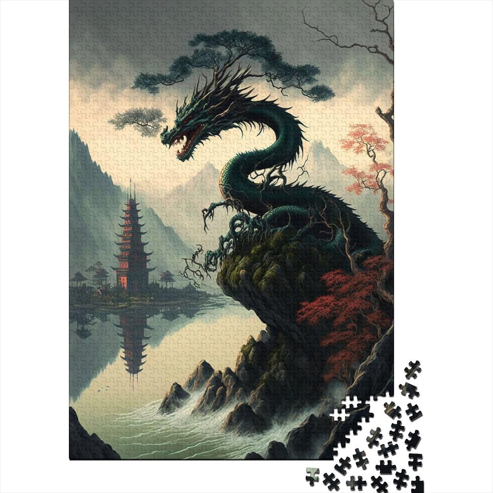 500-teiliges Puzzle für Erwachsene und Teenager, Drachen-Asiatisches Holzpuzzle für Erwachsene ganze Familie und das 52 x 38 cm