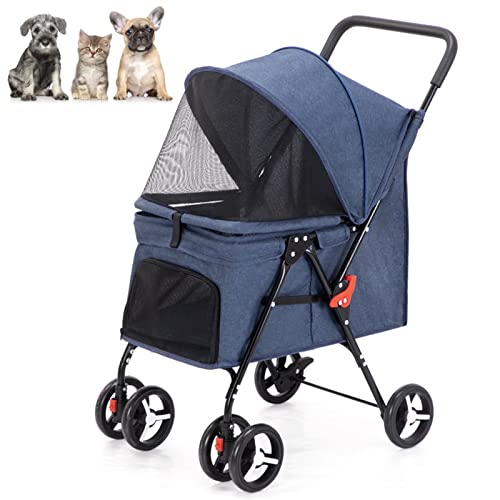 KKXXYQFC Faltbarer Hunde-Kinderwagen, vierrädriger, leichter Reise-Jogging-Kinderwagen für kleine und mittelgroße Katzen und Hunde mit Netzfenster, Blau